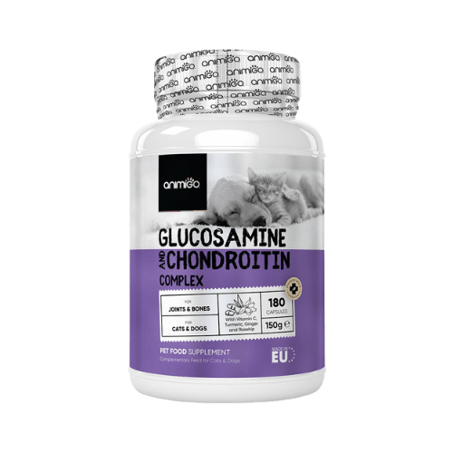 Animigo Glucosamine and Chondroitin Complex, 180 kapslar, tillskott för leder och ben för katter och hundar, innehåller vitamin C, gurkmeja, ingefära och nypon.