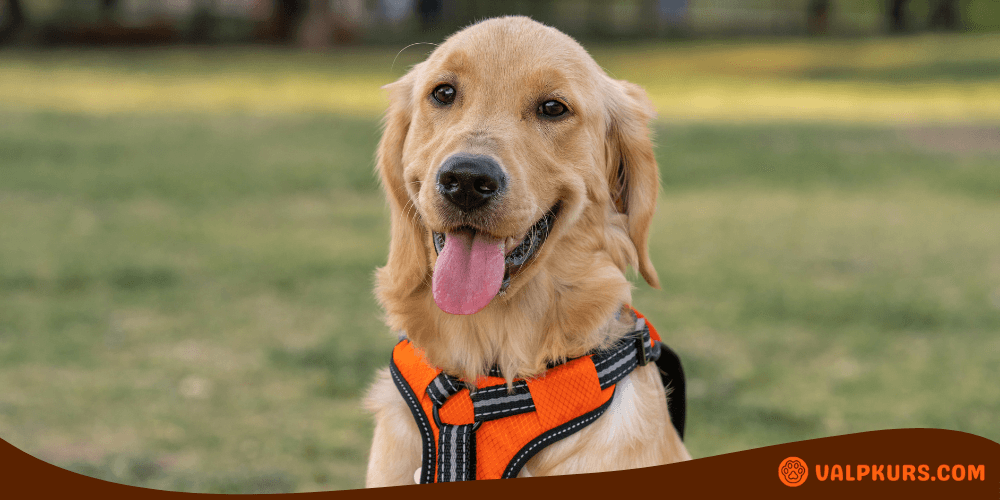 Golden Retriever med orange hundsele, sitter ute och ser glad ut.