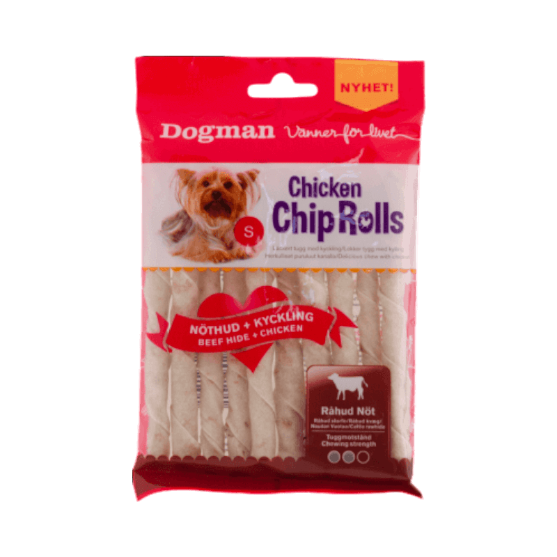 Dogman Chicken Chip Rolls, 10-pack, små tuggpinnar för hundar med nöthud och kyckling.