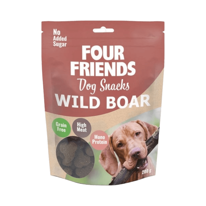 Four Friends Dog Snacks med vildsvin, 200 g, spannmålsfritt hundgodis med hög kötthalt.