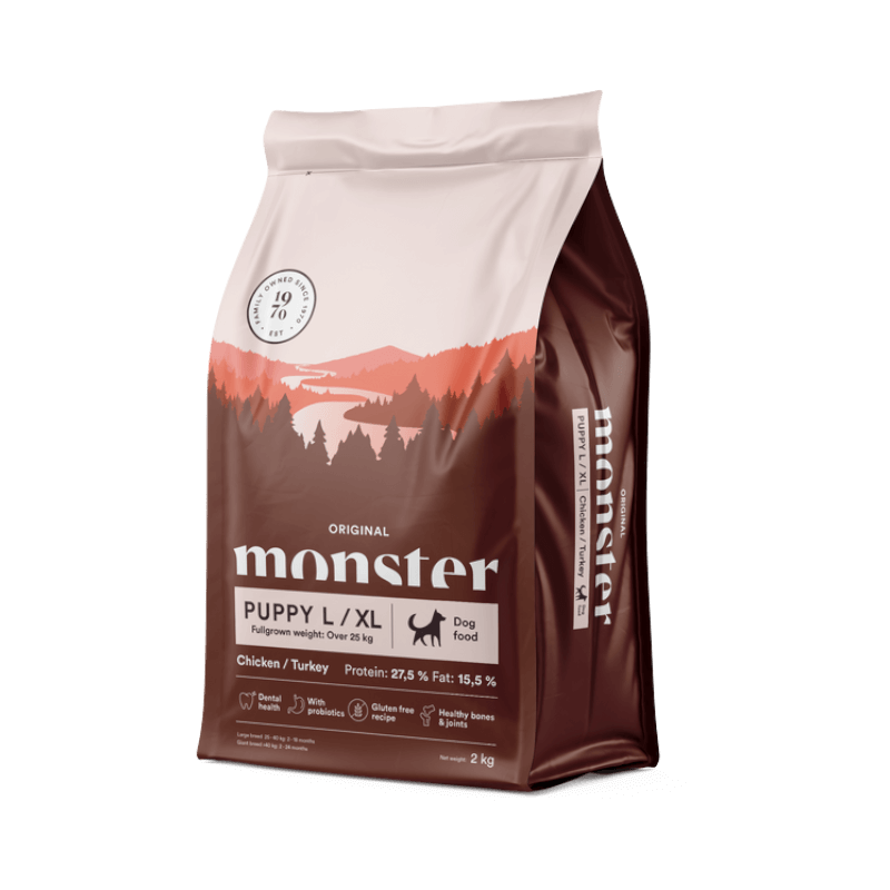 Monster Puppy L/XL hundfoder med kyckling och kalkon, 2 kg, för stora valpar, 27.5% protein och 15.5% fett.