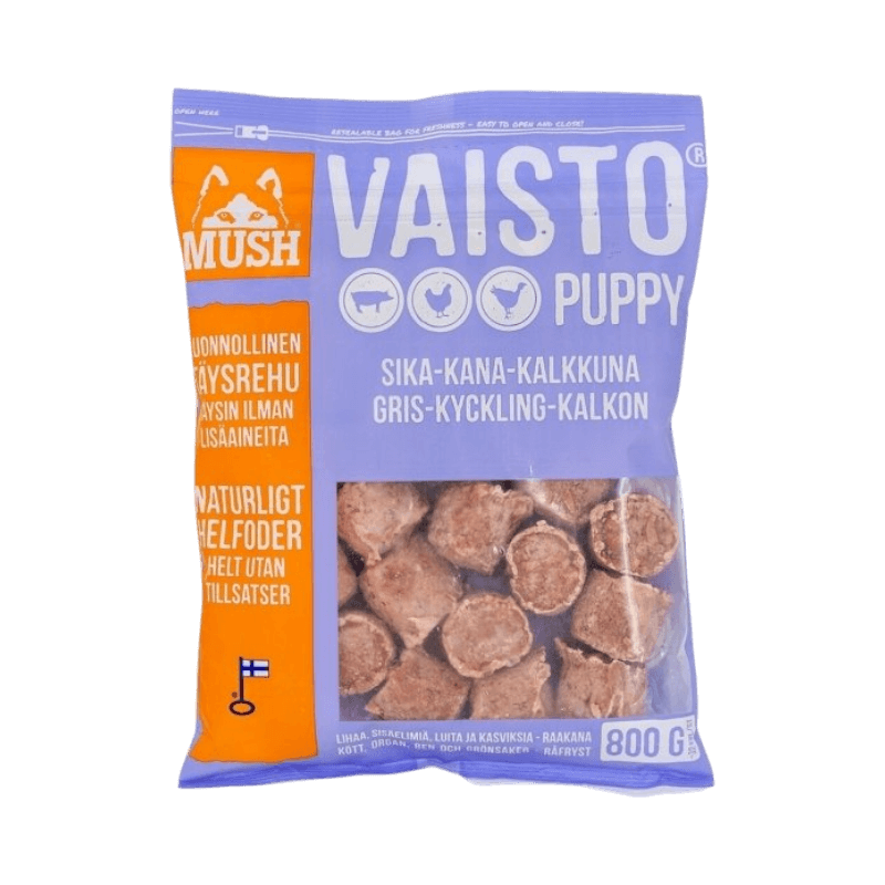 MUSH Vaisto Puppy, 800 g, naturligt helfoder för valpar med gris, kyckling och kalkon, utan tillsatser.