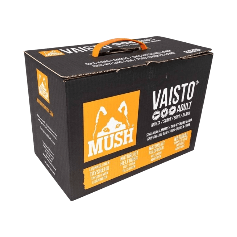 MUSH Vaisto Adult Svart, 10 kg, med gris, kyckling och lamm, naturligt helfoder utan tillsatser.