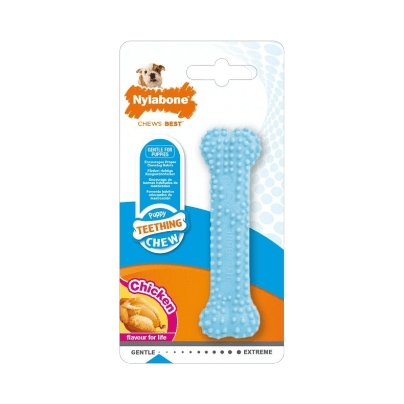 Nylabone Puppy Teething Chew, blå tuggleksak för valpar med kycklingsmak, skonsam för tänder.