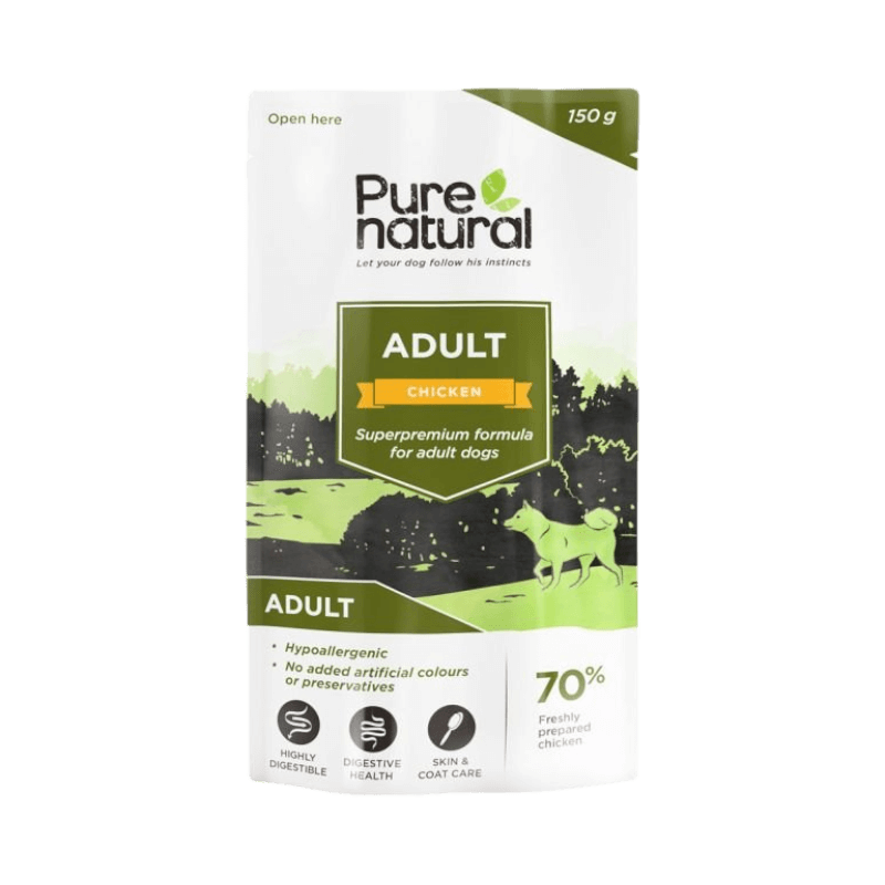 Purenatural Adult hundfoder med kyckling, 150g förpackning, superpremium hypoallergen formula för vuxna hundar.