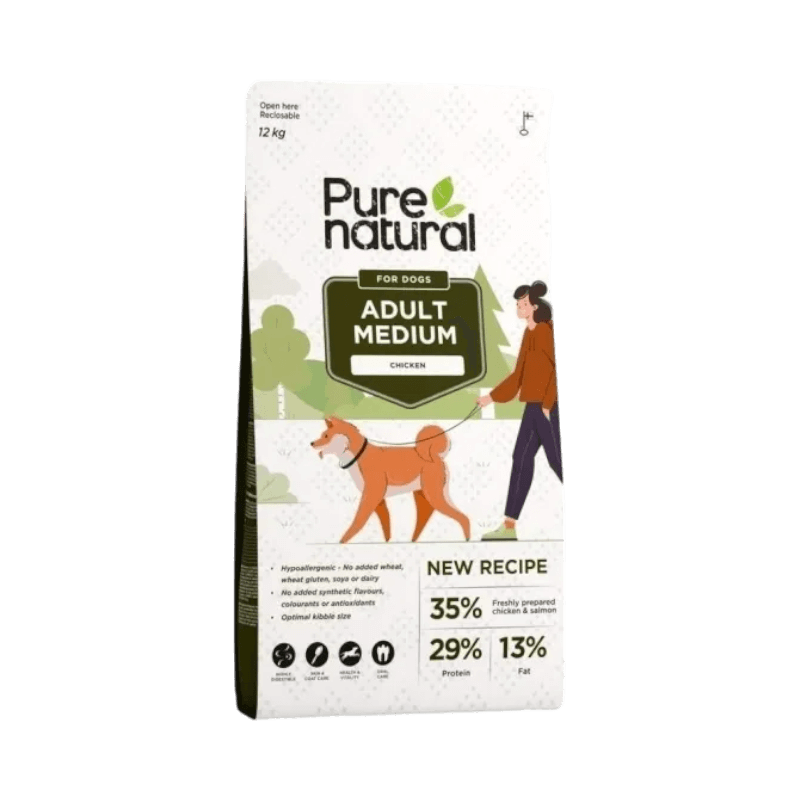 Purenatural Adult Medium hundmat med kyckling, 12 kg påse, hypoallergen formula för medelstora vuxna hundar.