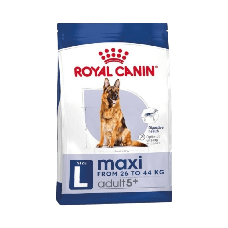 Royal Canin Maxi Adult 5+ torrfoder för äldre stora hundar 26-44 kg, stöd för matsmältning och vitalitet.