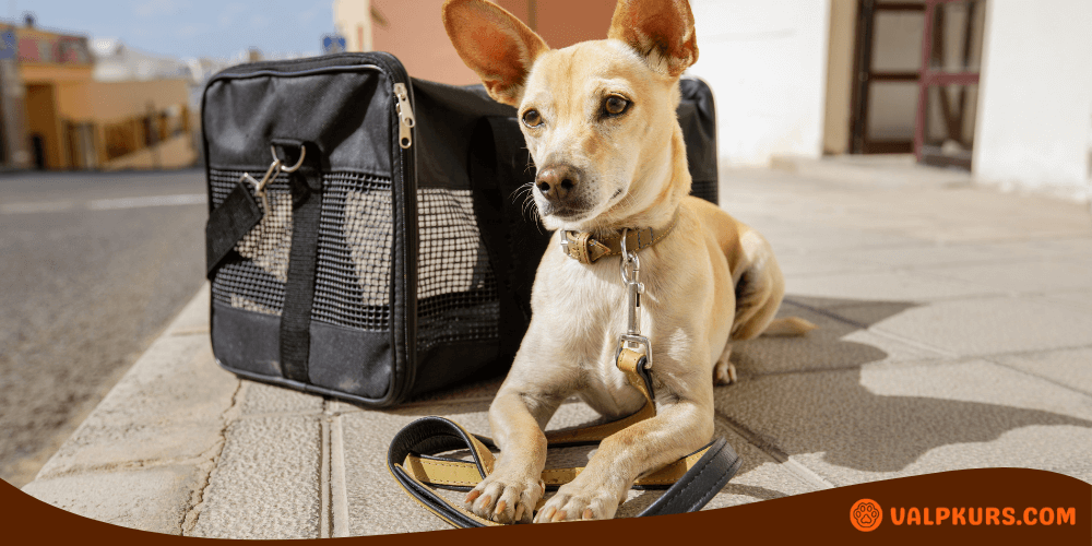 Hund ligger bredvid transportväska med nätpaneler under en solig promenad