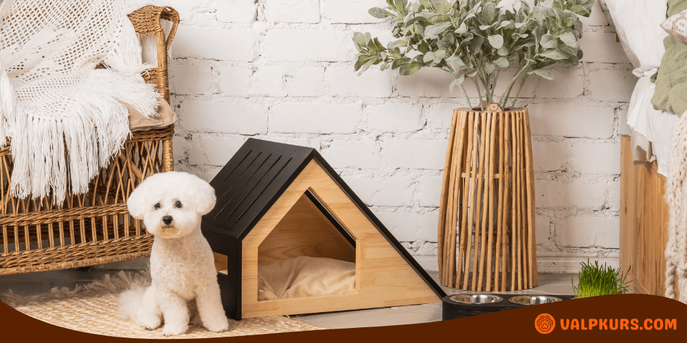 Vit fluffig hund bredvid modern hundkoja i trä med svart tak och mysig kudde.