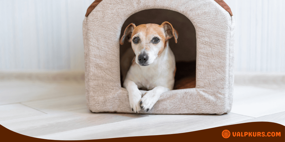 Liten hund ligger bekvämt i en beige tygkoja med bågformad ingång.