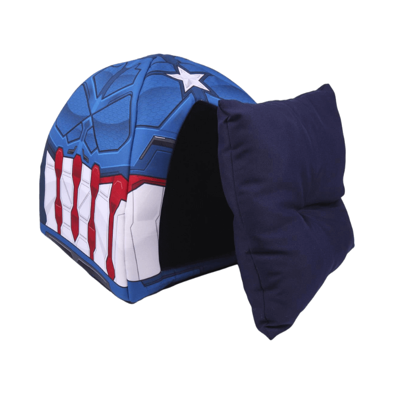 Marvel-inspirerad blå och röd hundkoja med medföljande mörkblå kudde.