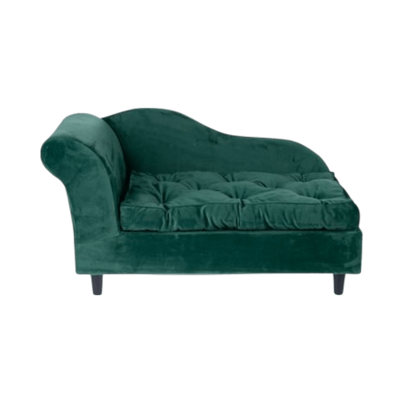 Grön sammetssoffa för hundar i klassisk chaiselongue-design med mjuk sittkudde.