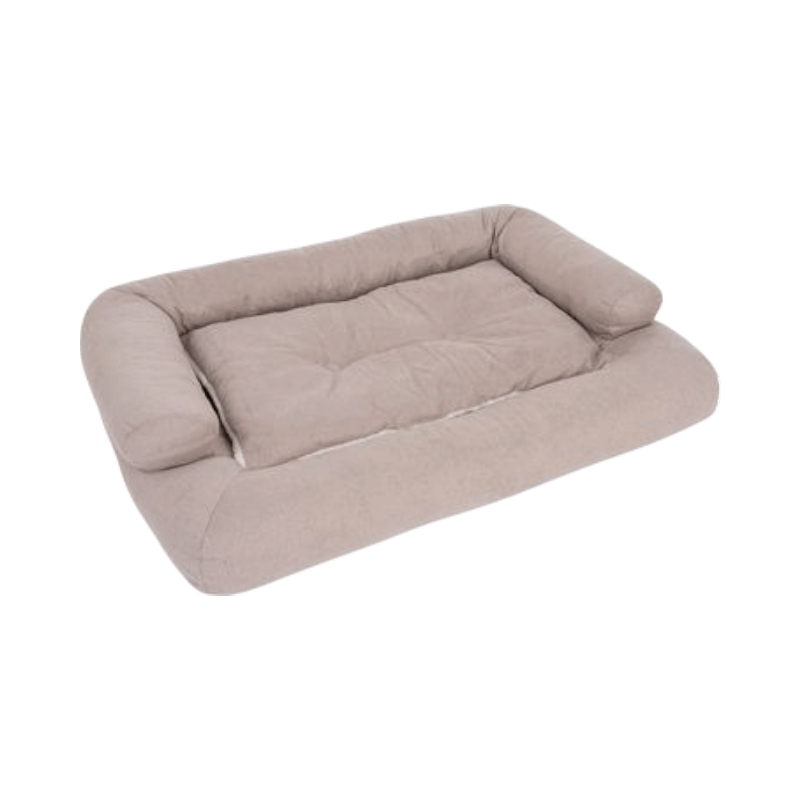 Beige rektangulär hundsäng med hög kant och avtagbar kudde för extra komfort.