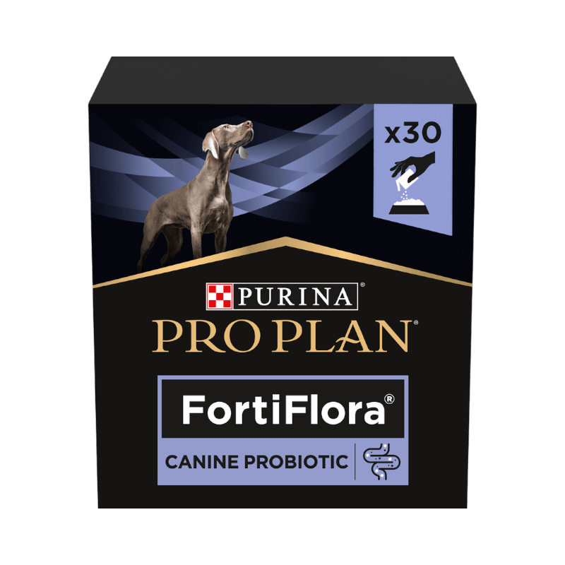 Purina Pro Plan FortiFlora probiotika i portionspåsar, utvecklad för att främja hundars maghälsa.