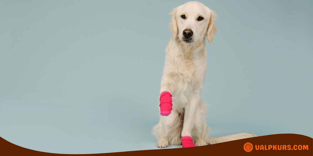 Golden retriever med rosa tassbandage – visar söt hund med skydd runt framtassarna.