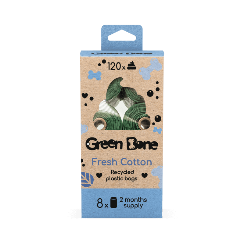 Green Bone bajspåsar med doft av Fresh Cotton, tillverkade av återvunnen plast i 8-pack refill.