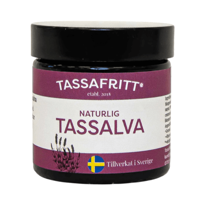 TassaFritt naturlig tassalva med lavendel, tillverkad i Sverige för torr hud.