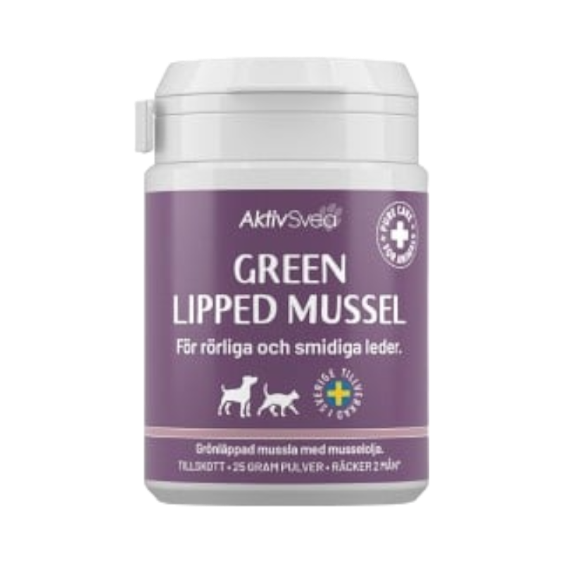 AktivSvea green lipped mussel pulver för smidiga leder hos hund och katt, svenskt kosttillskott.