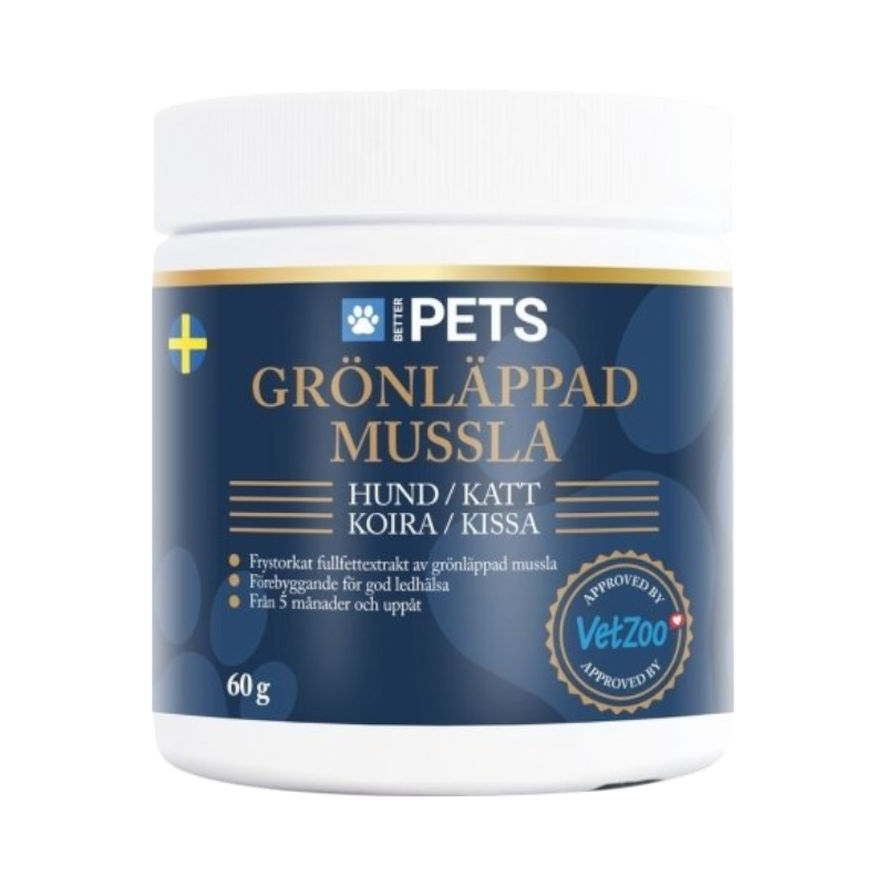 Better Pets grönläppad mussla för hund och katt, främjar ledhälsa från 5 månader och uppåt.