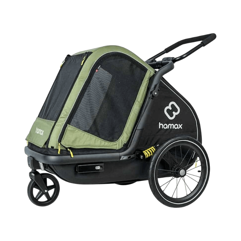 Hamax Pluto M hundvagn med fjädring och svart-grön design för cykel eller promenad med hund