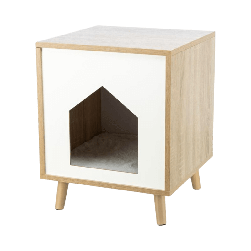 Modern träkoja med vit frontpanel och ben, designad för inomhusbruk