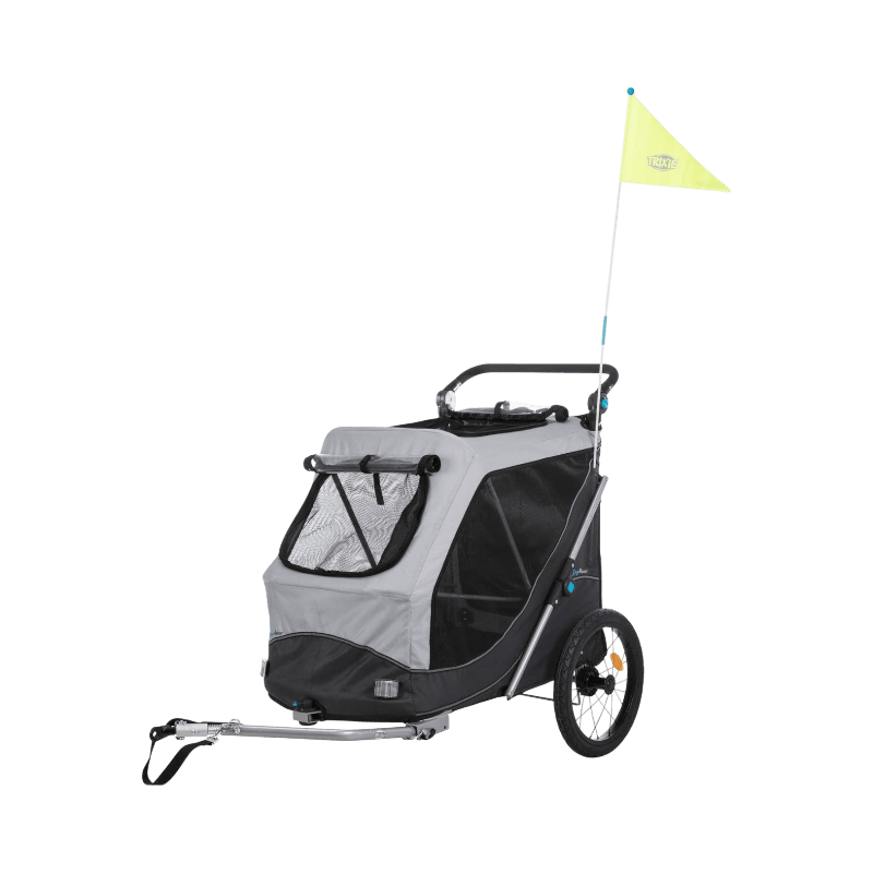 Hopfällbar Trixie cykelvagn för medelstora hundar med flagga, stora hjul och ventilationsnät