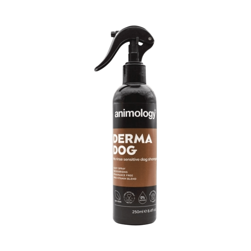 Derma Dog spray för känslig hundhud, parfymfri och utan behov av sköljning.