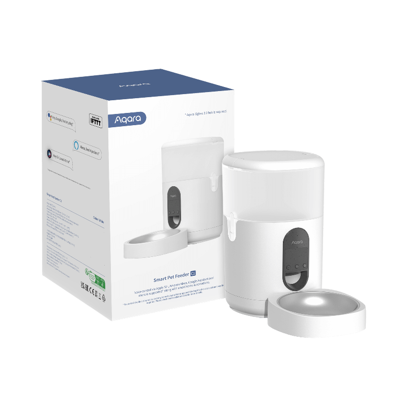 Vit smart foderautomat från Aqara med appstyrning och automatisk portionering för hund eller katt.