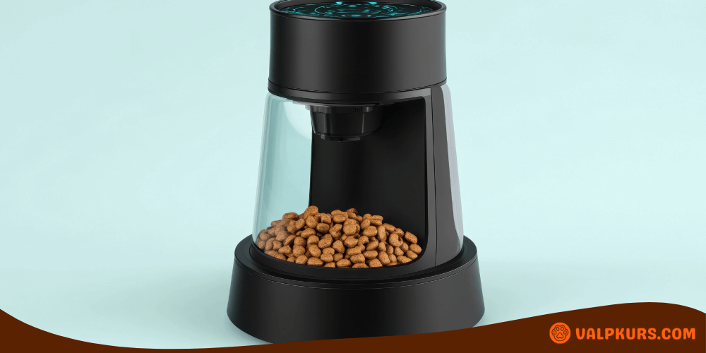 Modern svart foderautomat med digital display och foder i behållaren, lämplig för hundar.