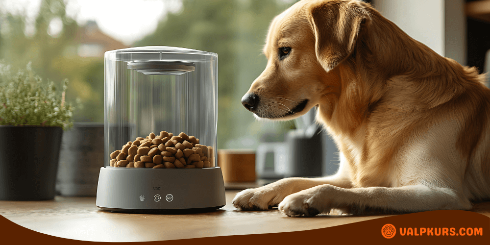 Hund tittar på transparent foderautomat med torrfoder i skålen.