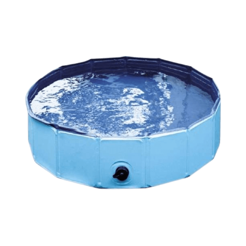 Rund blå hundpool fylld med vatten, tålig konstruktion för hundars lek och bad.