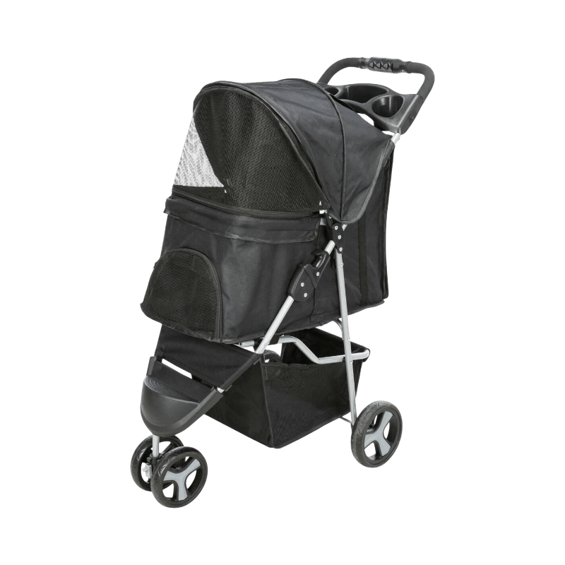 Trixie buggy för hundar med nätpaneler, dryckeshållare och rymlig förvaring för bekväm transport.