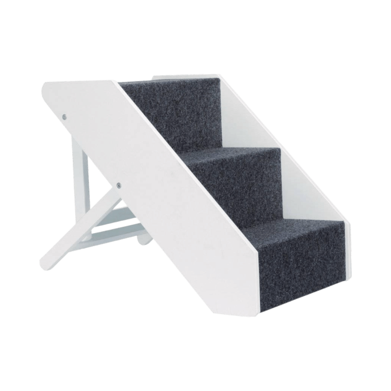 Hopfällbar vit hundtrappa med gråa steg, idealisk för små hundar att nå soffan eller sängen.