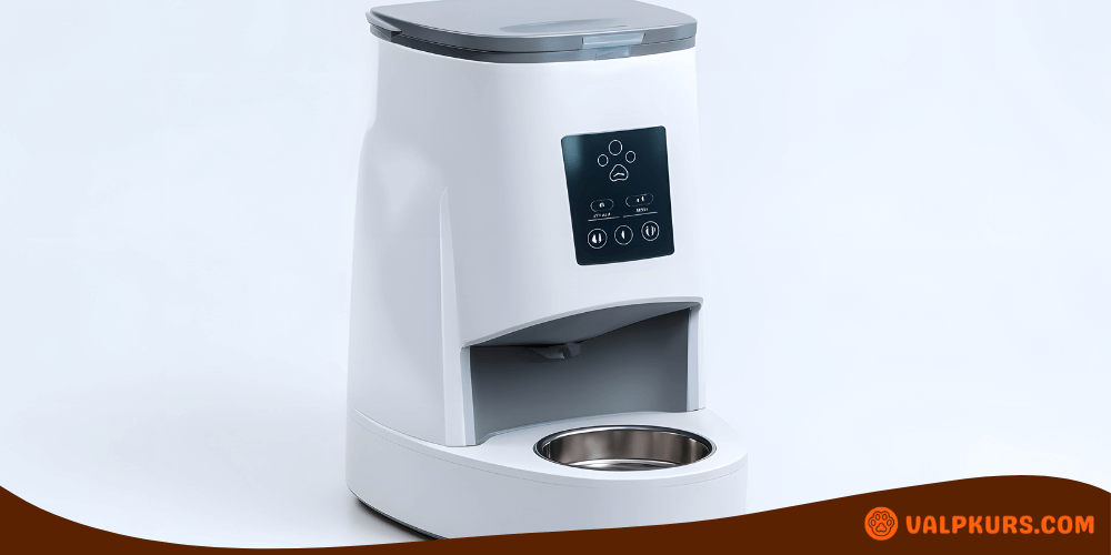 Automatisk foderdispenser för hund med digital kontrollpanel och inbyggd matskål i rostfritt stål.