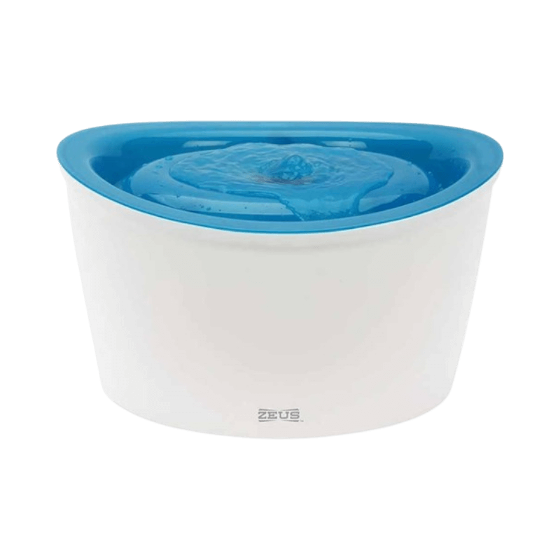 Zeus vattenfontän för hund med blå topplock och 6 liter kapacitet för friskt rinnande vatten.