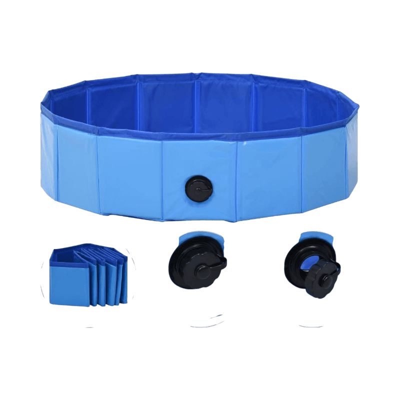 Hopfällbar blå hundpool med dräneringsventil för enkel fyllning och tömning.