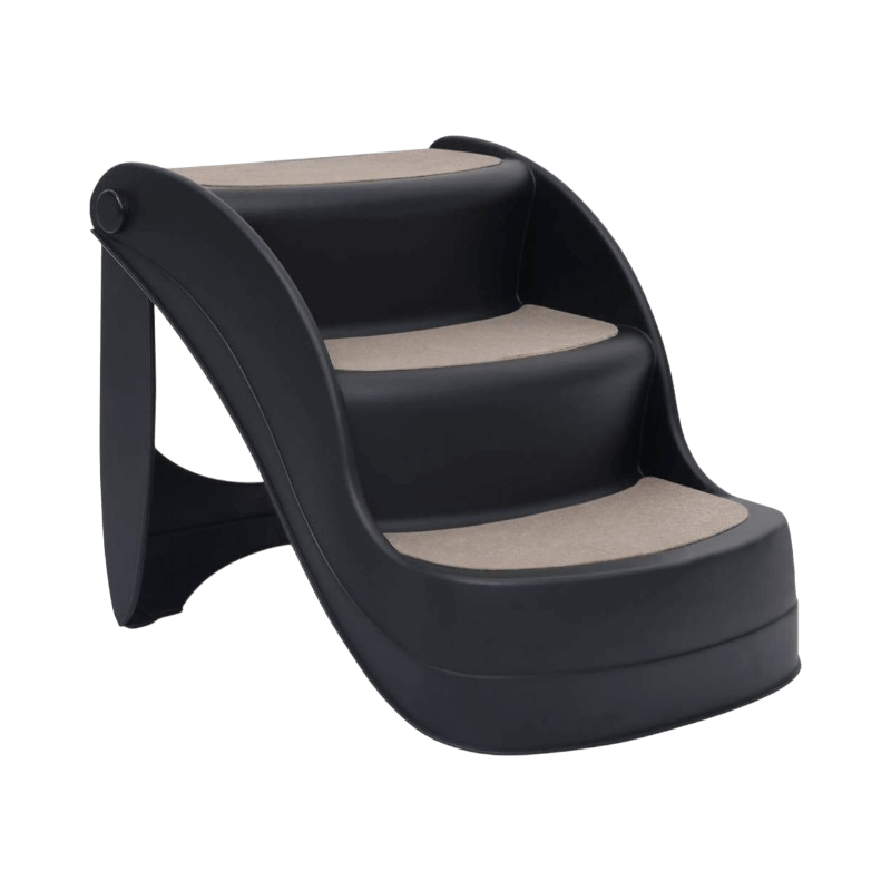 Svart hopfällbar hundtrappa med halkfria steg, utformad för säker uppgång till möbler.